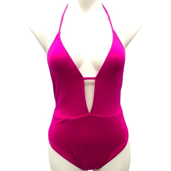 The Bikini Lab Fuchsia Pink Plunge Shirred VNeck Halter One Piece Swimsuit Large - Picture 2 of 4